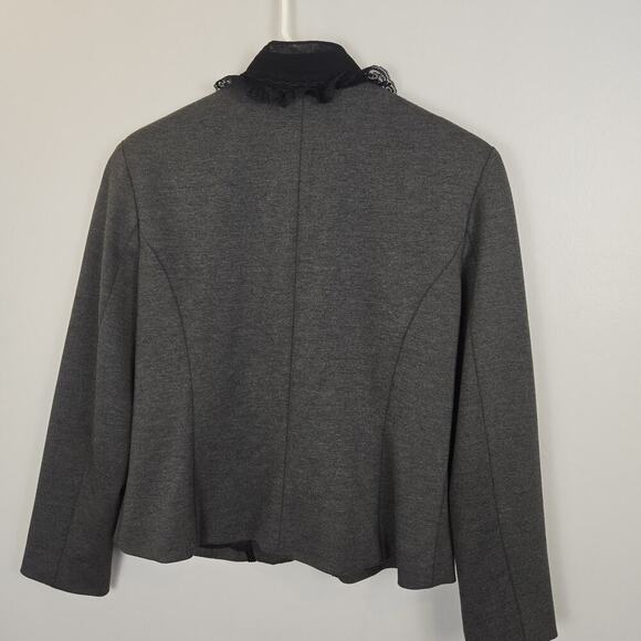 Coldwater Creek Sz 12P Gray Ponte Knit Ruffle Lace Mandarin Collar Jacket Women - Picture 4 of 10